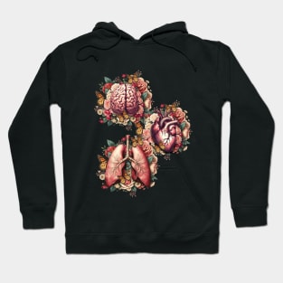 Human organs, art with vintage anatomy floral and butterflies, botany, heart, lungs and brain with floral Hoodie